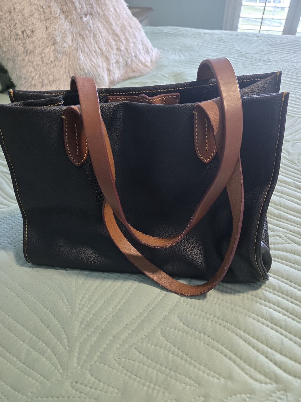 Dooney & Bourke Black Leather Tote with Brown Straps and Logo Plaque - Picture 3 of 4